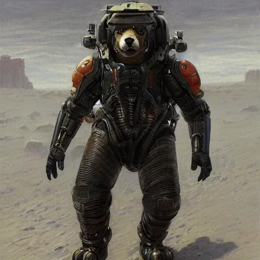 Prompt: movie : the expanse martian goliath black power armor fandom, anthropomorphic shiba inu, realistic scifi, portrait art by donato giancola and greg rutkowski, realistic face, visible face, digital art, artstation, symmetry