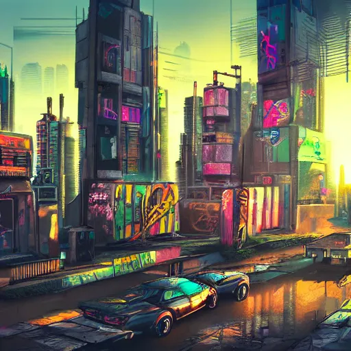 Image similar to beautiful graffiti on a wall, cyberpunk city, happy mood, futuristic, high detail, sunset, photorealistic