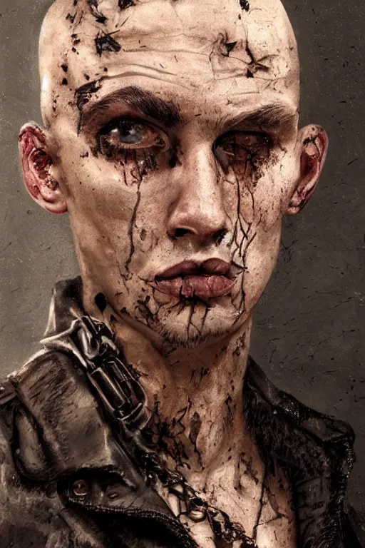 Image similar to a rough ugly young man, shaved head, punk, tattered leather coat, intricate, elegant, dramatic lighting, ugly face, highly detailed, lifelike, photorealistic, digital painting, artstation, illustration, concept art, smooth, sharp focus, art by John Collier and Albert Aublet and Krenz Cushart and Artem Demura and Alphonse Mucha