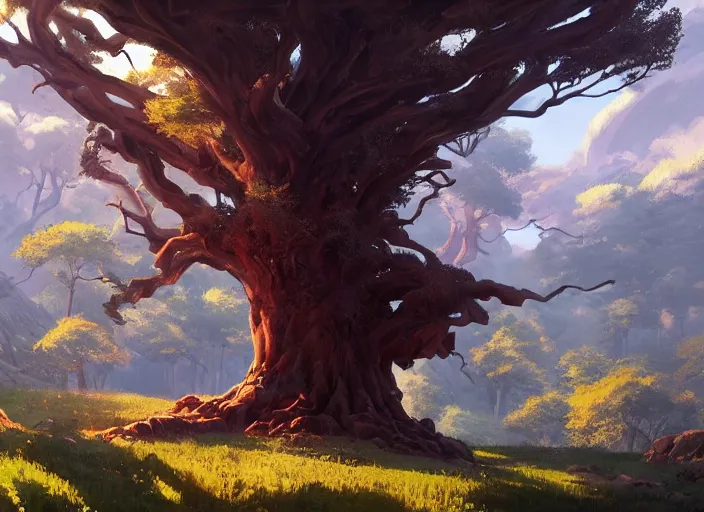 Image similar to concept art painting of a giant oak tree on a hill in a valley surrounded by forest, surrounded by mountains, realistic, by makoto shinkai and moebius and anton fadeev and greg rutkowski and james gurney