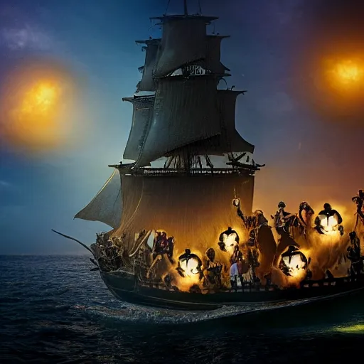 Image similar to A picture of the black pearl from pirates of the carribean with many glowing cats sitting in a circle on it