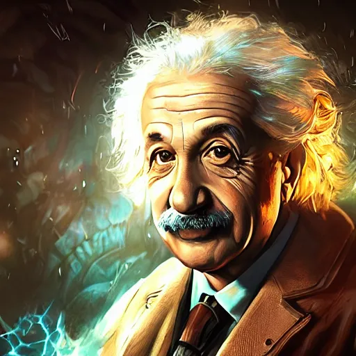 Prompt: Portrait of Albert Einstein, League of Legends amazing splashscreen artwork, Gears of War, splash art,natural light, elegant, photorealistic facial features, intricate, fantasy, detailed face, atmospheric lighting, anamorphic lens flare, cinematic lighting, league of legends splash art, hd wallpaper, ultra high details by Greg rutkowski