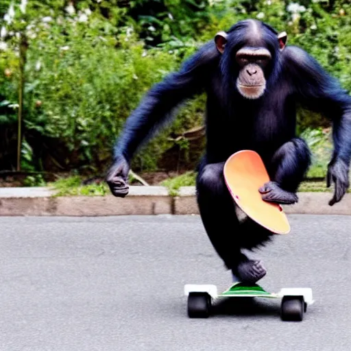 Image similar to a chimpanzee wearing a backwards cap skateboarding on a street