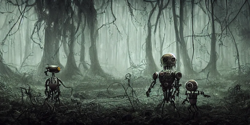 Image similar to mechanical steampunk robot with large head and two ((glowing)) eyes in haunted swamp surrounded by dense forest with vines hanging from trees, scattered fireflies, desaturated, creepy ambiance, fog, sharp focus, hughly detailed, eerily beautiful, cgsociety, artgerm