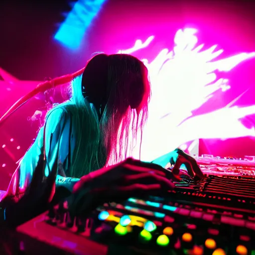 Image similar to Grimes DJing onstage playing with a synthesizer, neon, lambent lighting with vivid and radiant colors, 35mm photography, volumetric lighting, trending on artstation, artstationHD, artstationHQ, 4k, 8k.