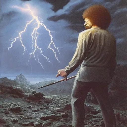 Prompt: bob ross holding a paintbrush, dressed as a superhero, standing on rocky ground, angry expression, detailed facial features, lightning behind, dark background, action pose, ultra - detailed, intricate, detailed shadows and textures, 8 k, action pose, art by beksinski