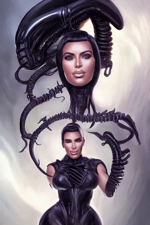 Prompt: Kim Kardashian as a heroine being held by an xenomorph, digital painting, artstation, concept art, smooth, sharp focus, illustration, in-frame, centered, art by artgerm and donato giancola and Joseph Christian Leyendecker, Ross Tran, WLOP