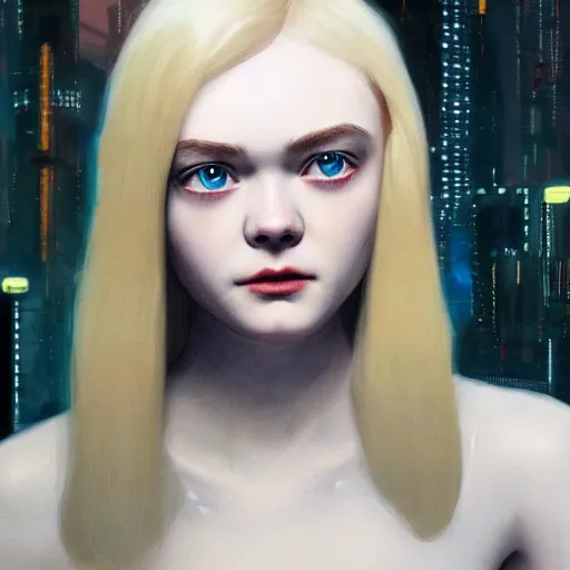 Prompt: Painting of Elle Fanning in Cyberpunk 2077, long blonde hair, delicate, pale milky white porcelain skin, by Edward Hopper. 8K. Extremely detailed.