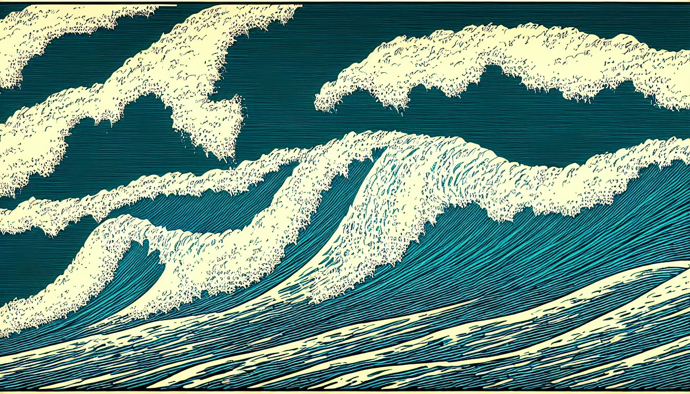 Prompt: surfing wave by dan mumford and peter doig and edward hopper, symmetrical, minimal, black ink, thick lines highly detailed, muted colours, overlaid with chinese adverts, 8 k