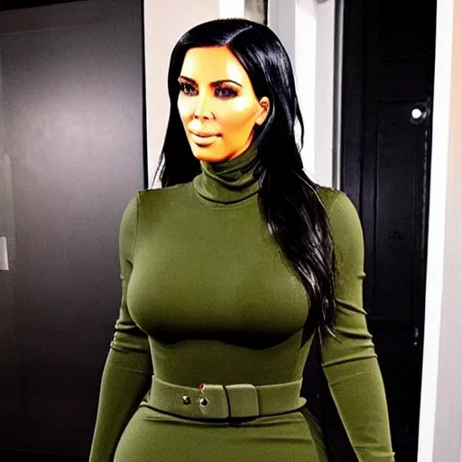 Image similar to full shot of kim kardashian dressed in military, backround: Irish flag, ambient lighting, full body shot, full-shot, highly detailed, trending on Instagram,