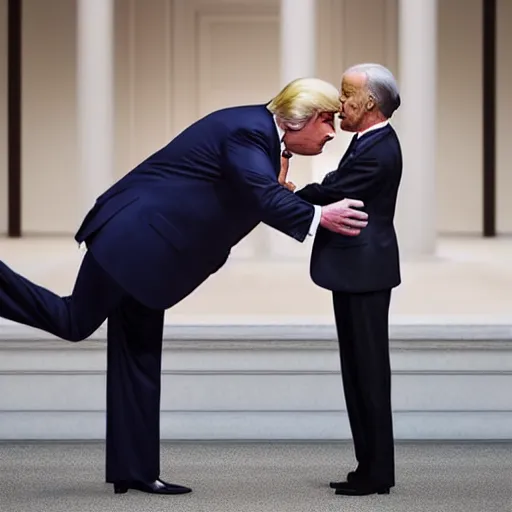 Prompt: Donald trump wearing a tutu kissing Joe Biden, realistic, 4k, Washington DC