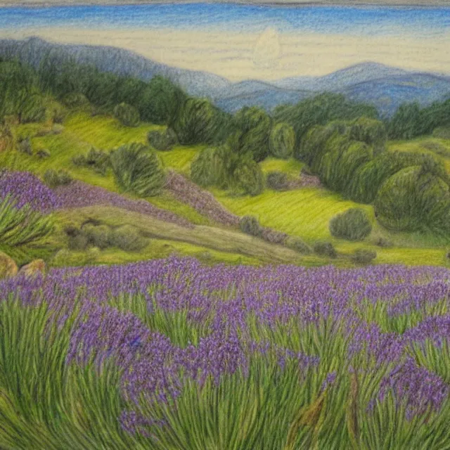 Image similar to lavander field in italian landscape, colored pencil drawing