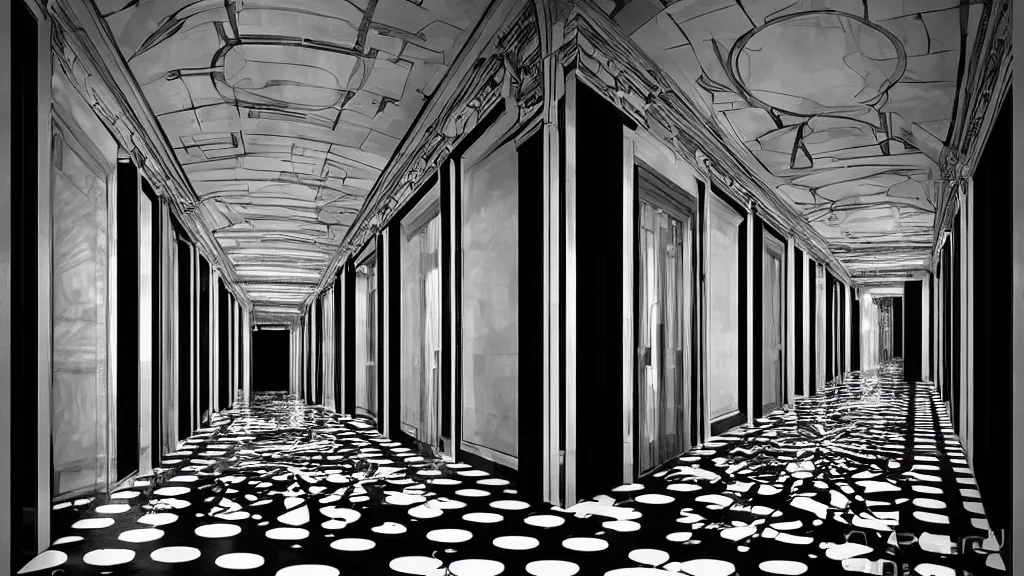 Prompt: art deco hallway, black and white dots, ultra detail, photoreal, professionally retouched, black and white colors, wide angle, 8 k high definition, insanely detailed, intricate, elegant, art by artgerm and wlop