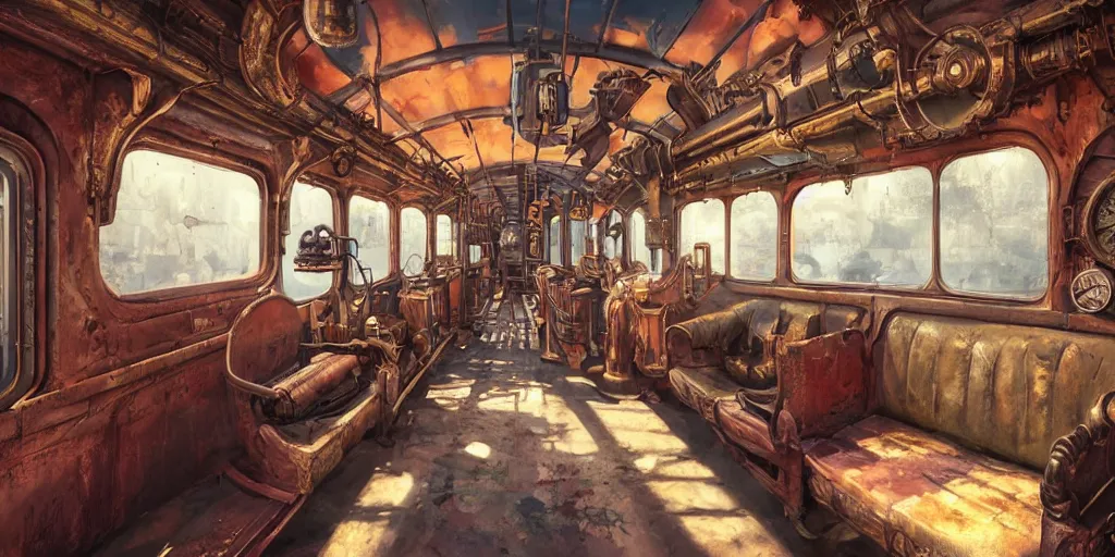 Image similar to steampunk train wagon interior, colorful, contrast, depth of field, 3 d scene, render, greg rutkowski, zabrocki, karlkka, jayison devadas, trending on artstation, 8 k, ultra wide angle, zenith view, pincushion lens effect