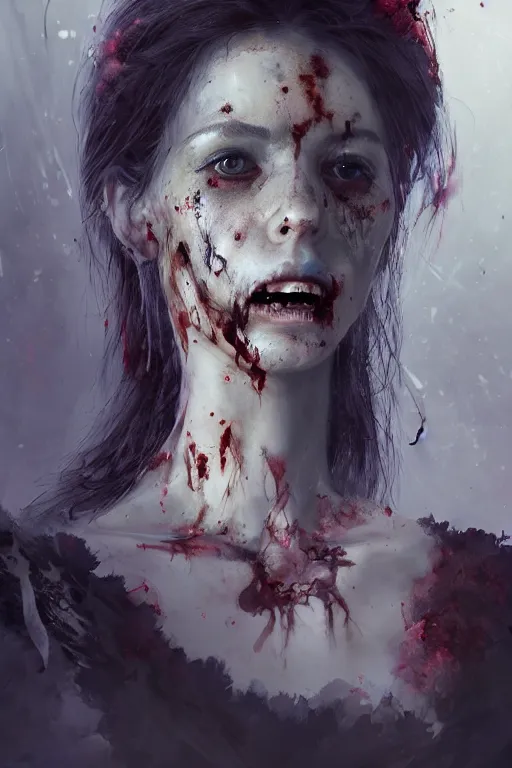 Image similar to A fancy portrait of a zombified women by Greg Rutkowski, Sung Choi, Mitchell Mohrhauser, Maciej Kuciara, Johnson Ting, Maxim Verehin, Peter Konig, Bloodborne, 8k photorealistic, cinematic lighting, HD, high details, dramatic, dark atmosphere, trending on artstation