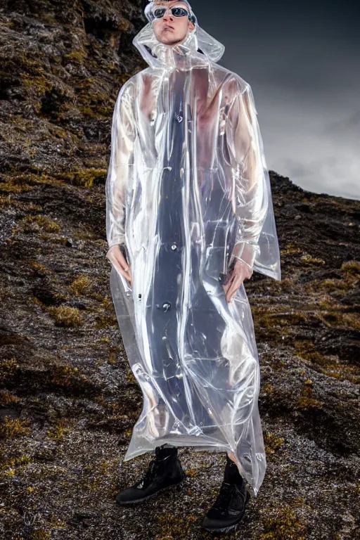 Image similar to an ultra high definition professional high fashion portrait studio full length photograph of a male model wearing a transparent pearlescent raincoat and neon visor planking in an icelandic black rock environment at dawn. no artefacts. extremely detailed. stark. refraction. shallow depth of field. volumetric light and shadow. ray tracing. light rays.