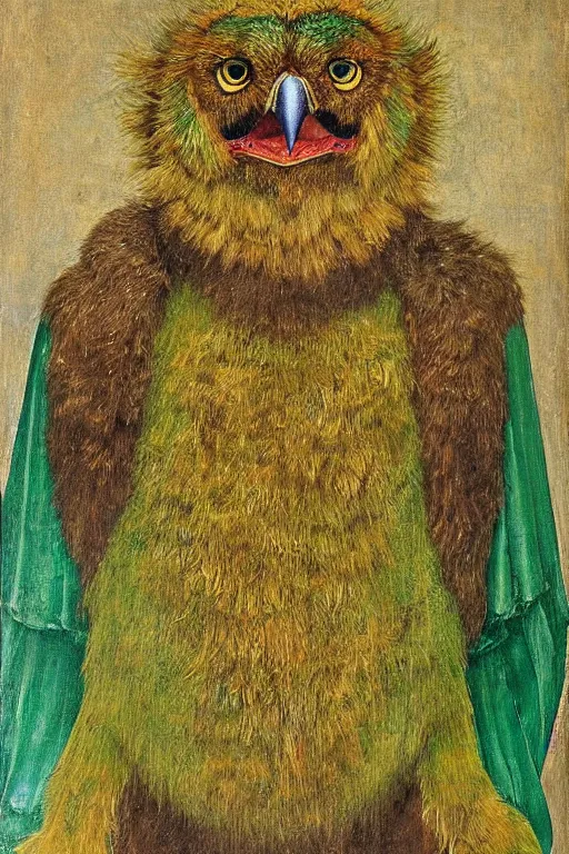 Image similar to portrait of humanoid iridescent green owlbear wearing a loose tunic. an anthropomorphic owlbear. fantasy, oil painting by jan van eyck, northern renaissance art, oil on canvas, wet - on - wet technique, realistic, expressive emotions, intricate textures, illusionistic detail