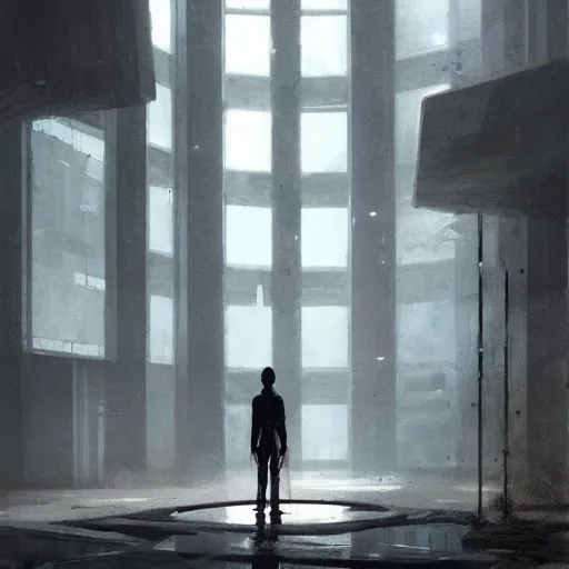 Image similar to concept art by greg rutkowski, a very tall, and slender man with messy black hair, wearing a beige and black sweater, sitting in the spaceship command bridge, brutalist futuristic interior, dark lighting atmosphere, detailed portraits, nostalgic atmosphere, scifi, digital painting, artstation, concept art, smooth, sharp foccus ilustration, artstation hq