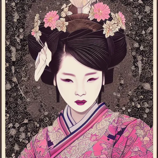 Image similar to the portrait of an unbelievably beautiful, elegant, sensual, and sophisticated young japanese geisha, an ultrafine detailed illustration by james jean, intricate linework, bright colors, final fantasy, behance contest winner, vanitas, angular, altermodern, unreal engine 5 highly rendered, global illumination, radiant light, detailed and intricate environment