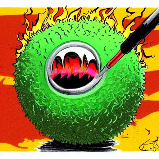 Image similar to a tennis ball monster ,tennis ball, fire, flames, lightning, rain, chalk, digital art, fantasy, magic, trending on artstation, ultra detailed, professional illustration by Basil Gogos