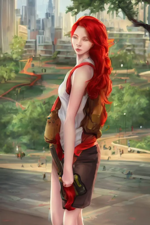 Image similar to beautiful cute red haired joyful and playful nineteen year old maiden standing up in casual green clothing with a modern city in the background, long hair, cute pose, athletic body, rpg character, sci - fi, fantasy, intricate, elegant, digital painting, artstation, concept art, smooth, 8 k frostbite 3 engine, ultra detailed