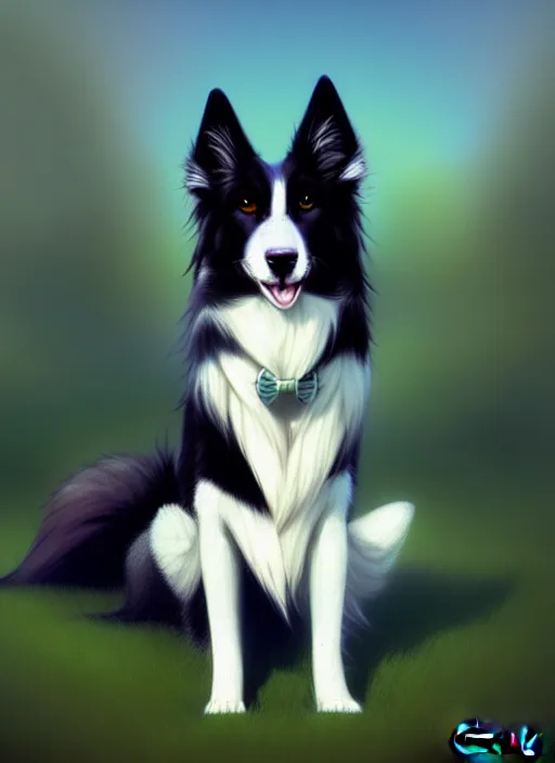 Image similar to wide angle beautiful full body portrait of a cute male anthro border collie fursona with two legs posing in front of a park, character design by charlie bowater, henry asencio, and ross tran, furry art, furaffinity, beautiful, glamor pose, detailed, aesthetic, trending on artstation