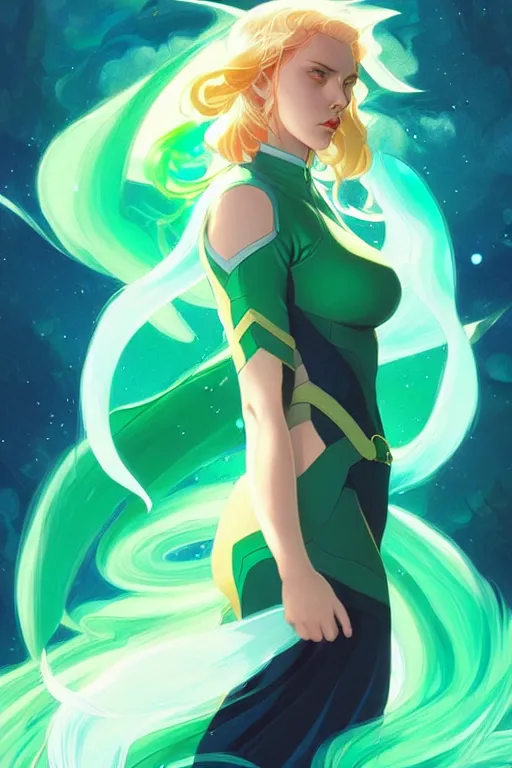 Image similar to style artgerm, joshua middleton, illustration, scarlett johansson as mage wearing green pelt light armor, anime eyes, blue hair, swirling water cosmos, fantasy, dnd, cinematic lighting