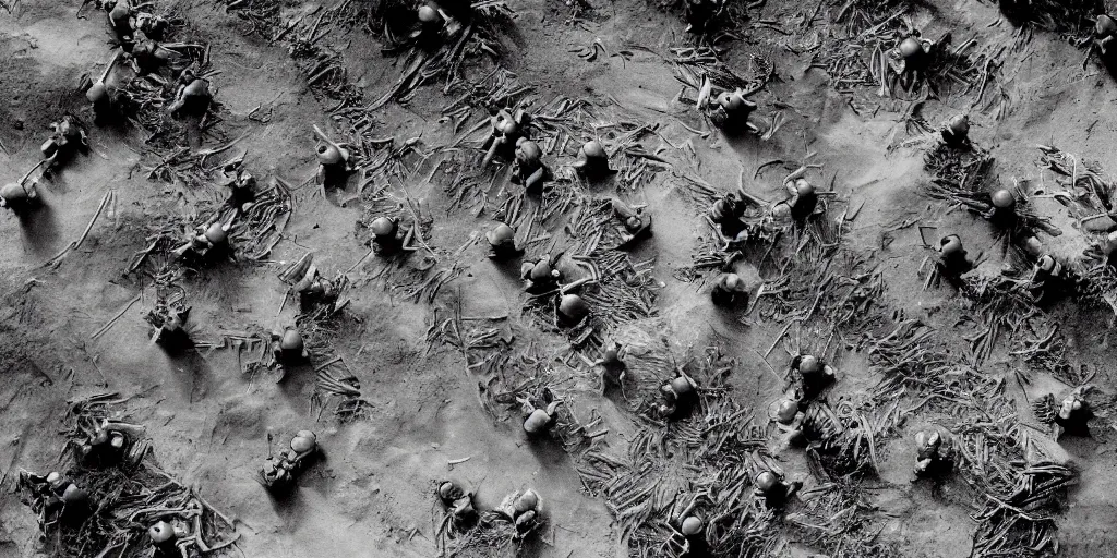 Prompt: satellite imagery of minions engaging in trench warfare in world war 2, gloomy, dark