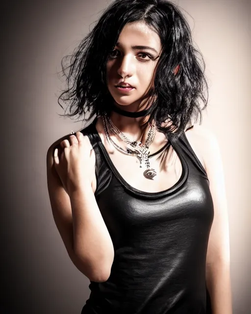 Prompt: a beautiful half body photo of a Young female with long disheveled black hair , paper white skin and reflective eyes, black tank top, black leather shiny jeans, an ankh necklace white colors in the background, 500px photos, top cinematic lighting , cinematic mood, very detailed, shot in canon 50mm f/1.2