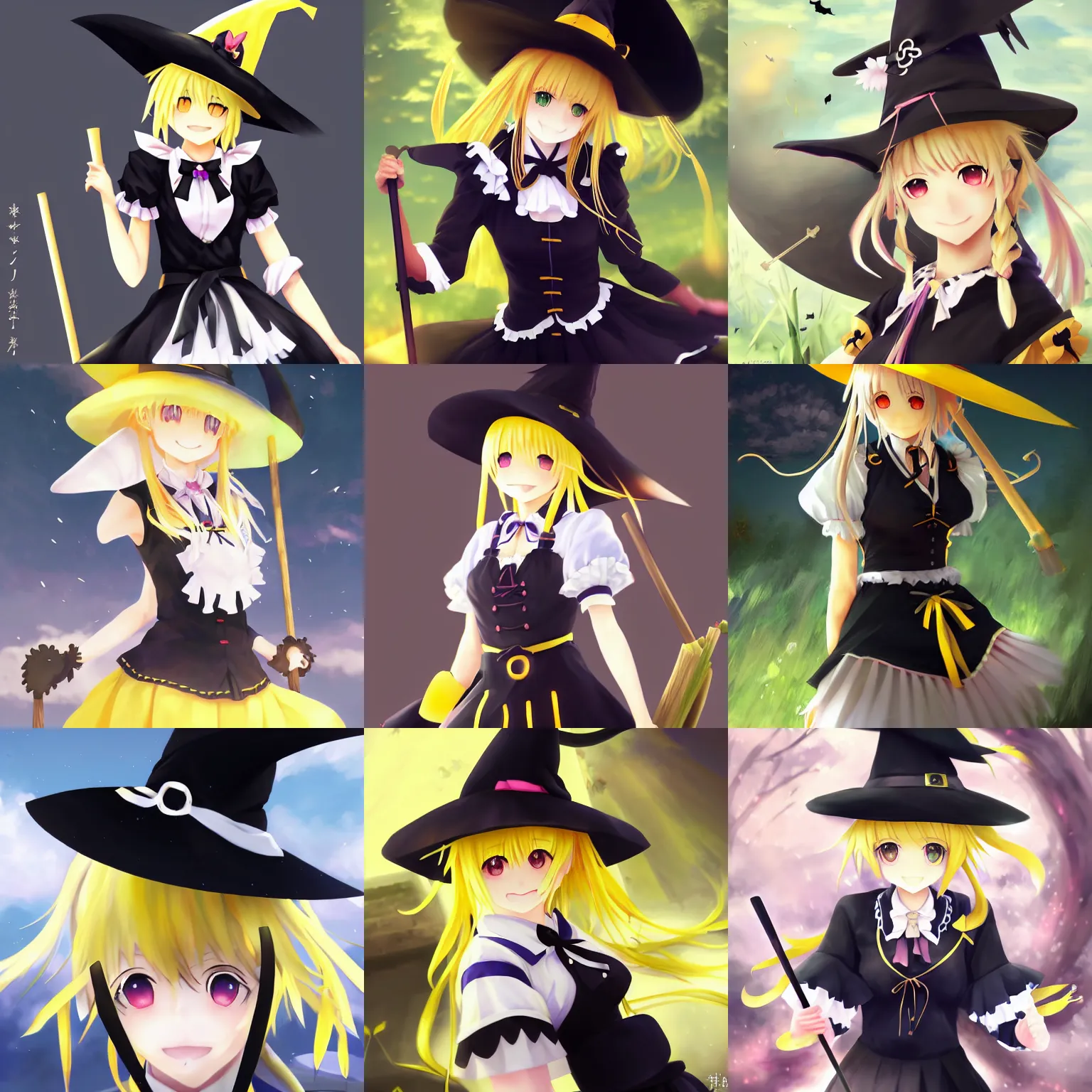 Prompt: pixiv artwork portrait of cute witch marisa kirisame from touhou project, marisa kirisame touhou artwork black black hat hat broom blonde hair finely detailed yellow eyes maid dress white apron by greg rutkowski makoto shinkai sakimichan key art 4 k 8 k ultrahd trending award winning