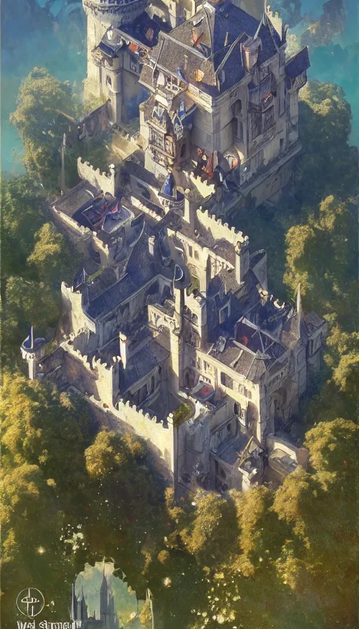 Image similar to castle seen from the sky, cyberpunk, design on white background, beautiful details, lush foliage, drawn by john singer sargent, tom bagshaw, norman rockwell, alphonso mucha, lolish, trending on artstation