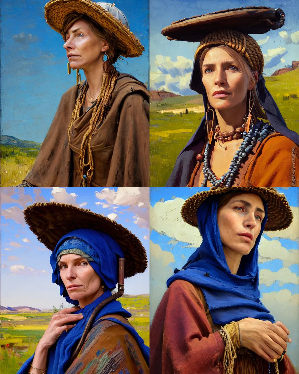 Image similar to portrait of medieval farmer woman with wooden jewelry, mediterranean features, wearing rich jewerly hat and deep blue boho poncho, fantasy character close up portrait, sitting dynamic pose, Low poly, thunder clouds in the sky, artwork by Jeremy Lipkin and Giuseppe Dangelico Pino and Michael Garmash and rob rey, levitation, industrial rusty pipes, simple form, brutal shapes