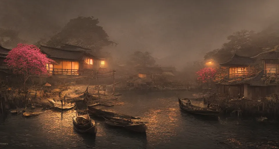 Image similar to An old Japanese fishing village at night, evil, demonic, enchanting, misty, haze, cloudy, angelic, flowers, nature, environment concept, cinematic, cgsociety, dim and dark lighting, cinematic, intricate details, 8k detail post processing, hyperealistic, photo realism, by Stephen King