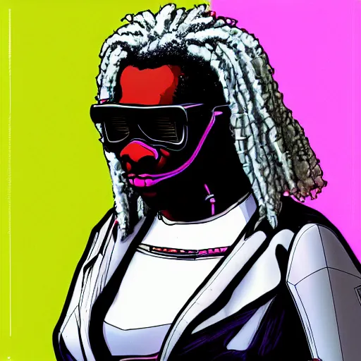 Image similar to cyberpunk robotic whoopi goldberg, sharp lines, digital, artstation, colored in