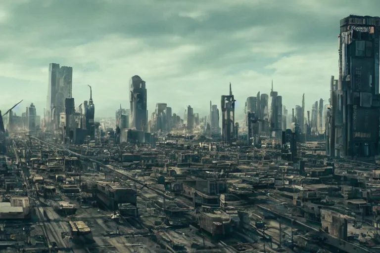 Prompt: sprawling cramped dystopian cityscape in a quentin tarantino movie, 4 k arri alfa anamorphic lens 3 5 mm film wide shot still