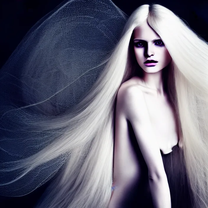 Image similar to a beautiful woman with long voluming blond hair dressed in long white, fine art photography light painting by Paolo Roversi, professional studio lighting, volumetric lighting, dark colors scheme background, hyper realistic photography, in style of vogue fashion magazine style