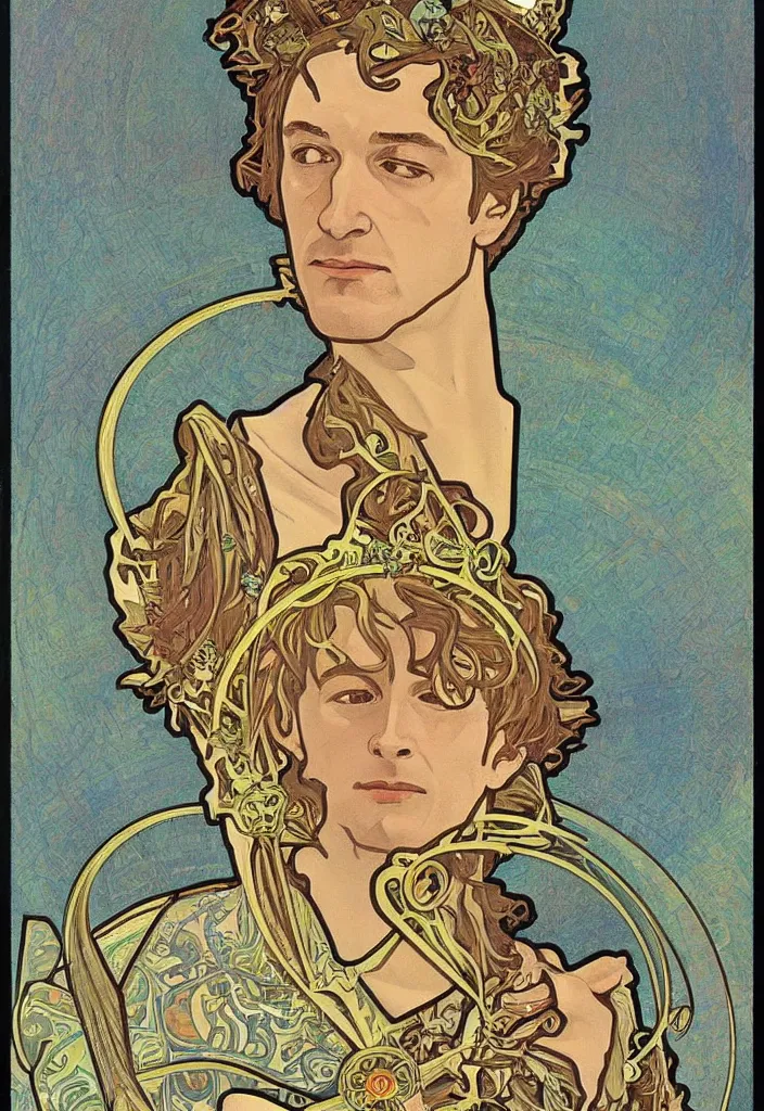 Image similar to geoffrey hinton in a crown on a tarot card, tarot in art style by alphonse mucha