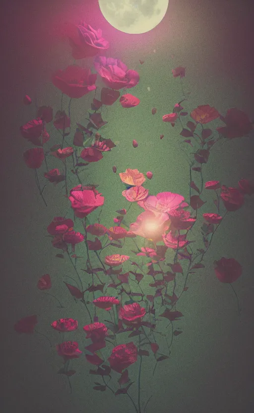 Prompt: flowers under the moonlight, vintage soft render, volumetric lighting, 3d grainy aesthetic illustration, editorial magazine cover