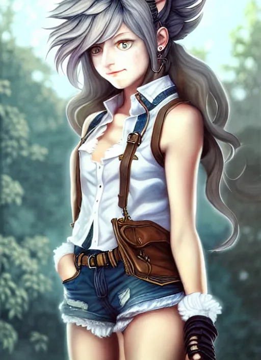 Image similar to a portrait of catgirl wearing white vest, and denim shorts an ultrafine detailed painting, detailed painting, beatyfull eyes, boris valejo. octopath traveler