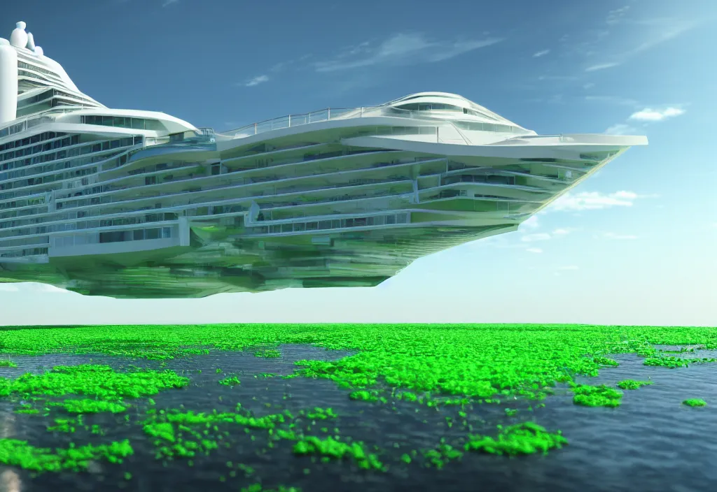 Prompt: futuristic cruise ship with vertical farm, algae glass walls, octane render, 4 k, bondfire, anime sky