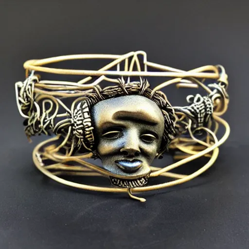 Image similar to poseidon cultists bangle, bronze wire, intricate poseidon style, ancient mediterranean jewelry, fine craftsmanship