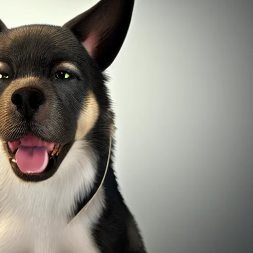 Prompt: crisp quality and light reflections, photorealistic portrait, studio lighting, still photo of a cute dog in the uncanny valley, bright studio setting, highly detailed, unreal engine 5 quality render