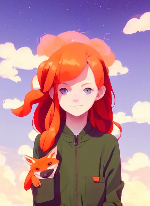 Prompt: portrait of cute redhead girl in orange jumpsuit with fox ears, holding a cactus, cloudy sky background lush landscape illustration concept art anime key visual trending pixiv fanbox by wlop and greg rutkowski and makoto shinkai and studio ghibli