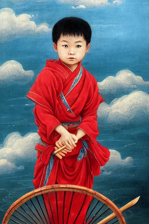 Image similar to a masterpiece portrait of legendry nezha flies riding on the wind fire wheels across the sea, water everywhere, chinese mythology, chinese male child, cute face, side view, red cloth around his shoulders, hold spear, cinematic, fantasy character portrait, highly detailed, by ne zha ( 2 0 1 9 ), fenghua zhong, bob byerley