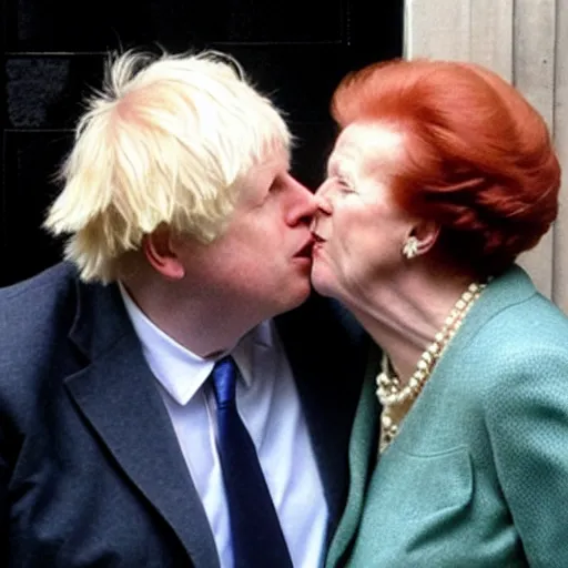 Prompt: press photo of Boris Johnson snogging Margaret Thatcher outside 10 downing Street.