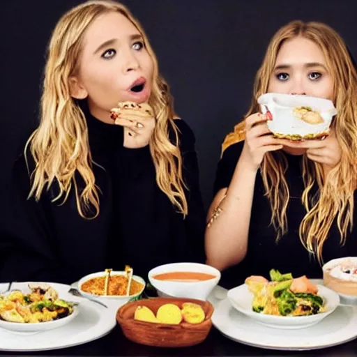 Image similar to obese mary kate and ashley olsen eating mukbang