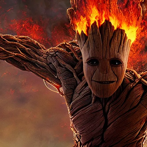 Prompt: groot on fire, 4k realistic photo