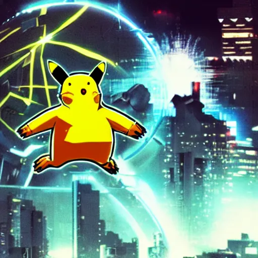 Image similar to a cybernetic giant pikachu attacking a futuristic tokyo