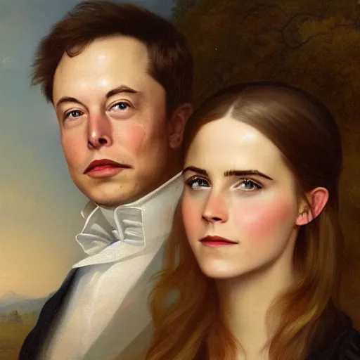 Prompt: elon musk ( left ) and emma watson in an 1 8 5 5 painting by elisabeth jerichau - baumann. painting, oil on canvas