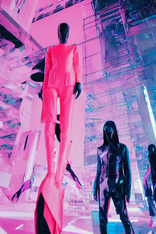 Image similar to an award winning fashion photograph of Balenciaga's fashion week 2049 by Moebius, cyberpunk, futuristic, Bladerunner 2049, dazzle camouflage!!, dayglo pink, dayglo blue, raven black, corporate